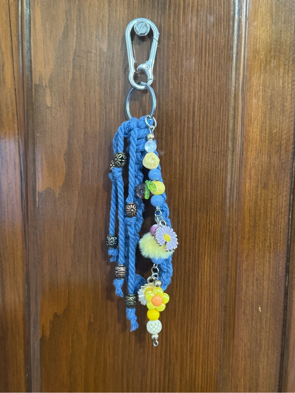 Blue Macrame Wristlet Bag Charm Keychain with Boho Floral Beading - Picture 3 of 4